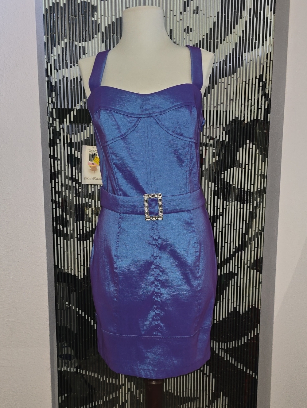 Jessica McClintock Iridescent Purple Satin Mini Dress Jeweled Belt Runs Small
